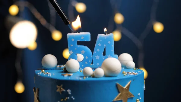 Verjaardagstaart Nummer Sterren Hemel Maan Concept Blauwe Kaars Vuur Door — Stockfoto
