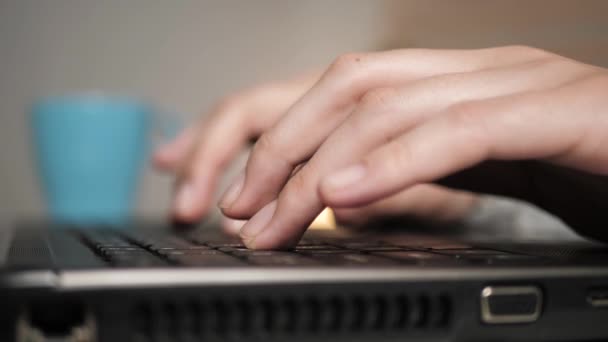 여성 손 이 노트북으로 글자를 입력하는 작업을 하고 있습니다. 의사소통, 자유분방 함, 연구 개념. 클로즈업 — 비디오