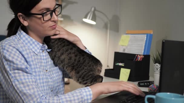 Mujer trabaja en el ordenador portátil y sostiene gato tabby en su hombro, ella se sienta en el escritorio y los tipos en el teclado de la computadora — Vídeos de Stock