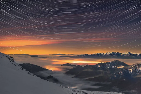 Star Trails Landscape Shrouded Fog — 스톡 사진