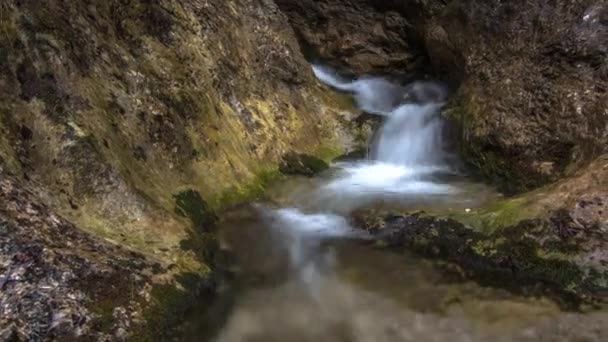 Cachoeira Córrego Montanha Entre Rochas Profundas Lapso Tempo Floresta — Vídeo de Stock