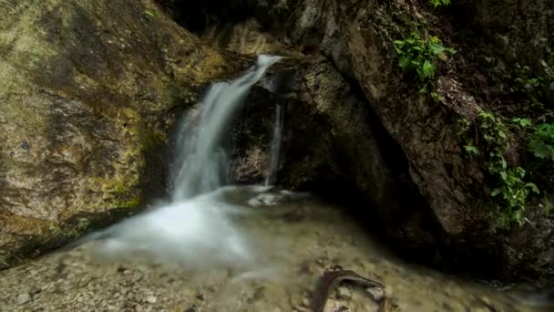 Cascade de ruisseau de montagne entre les roches profondément dans la forêt 4k laps de temps 
