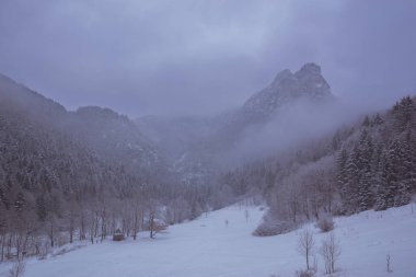 Fog falling into valley below high mountain in winter