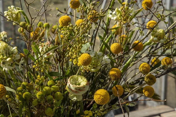 Bloemenarrangement Met Rozen Craspedia Tuin Stockfoto