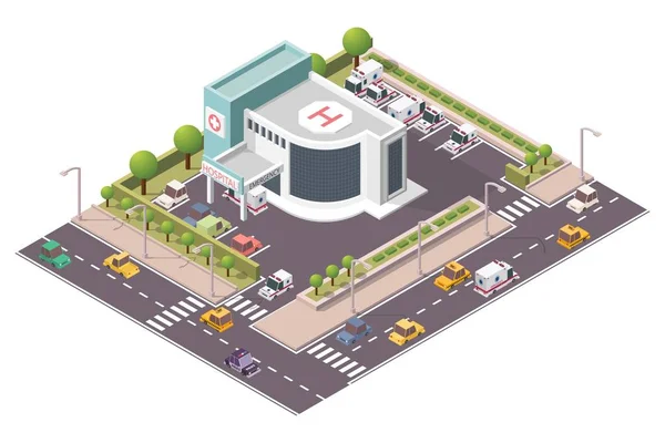 Edificio Hospital Isométrico Con Ilustración Vectores Ambulancia — Vector de stock