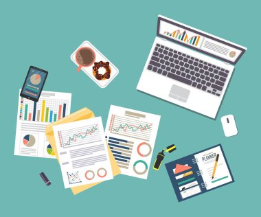 Konsept vektör illüstrasyonu denetleniyor. Vergi işlemi. İş geçmişi. Analiz, veri, muhasebe, planlama, yönetim, araştırma, hesaplama, raporlama, proje yönetimi.