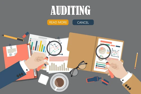 Auditing Concept Vector Illustratie Fiscaal Proces Zakelijke Achtergrond Plat Ontwerp — Stockvector