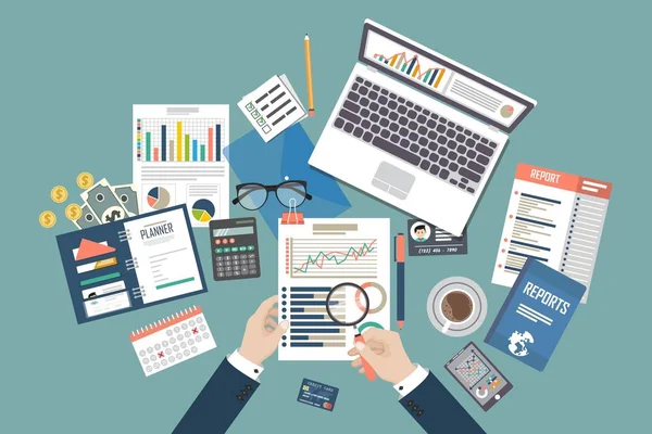 Platte Opzet Van Auditing Analyse Data Boekhouding Planning Management Onderzoek — Stockvector