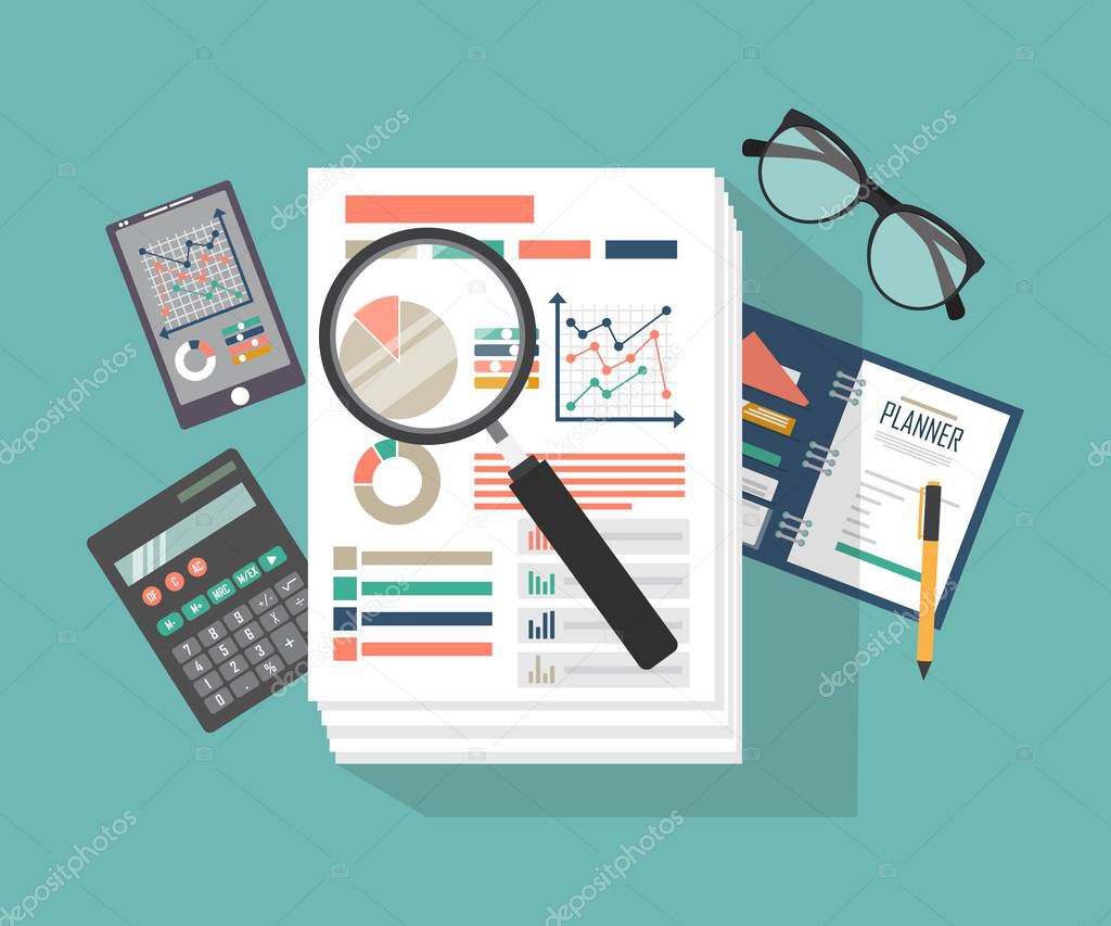 Flat design of auditing, analysis, data, accounting, planning, management, research, calculation, reporting, project management, tax process. 