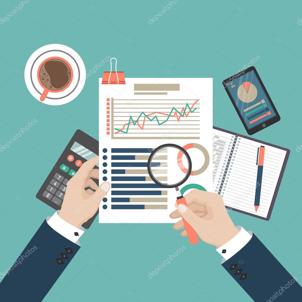Flat design of auditing, analysis, data, accounting, planning, management, research, calculation, reporting, project management, tax process. 