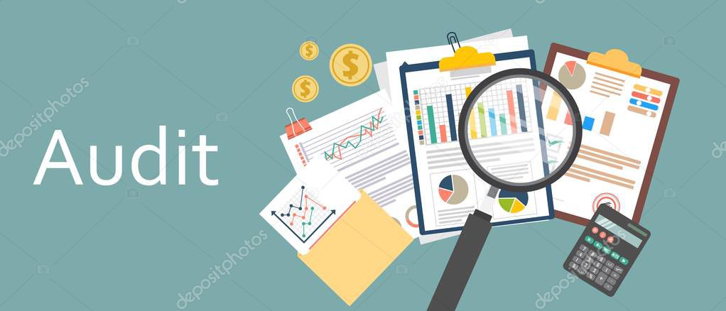 Flat design of auditing, analysis, data, accounting, planning, management, research, calculation, reporting, project management, tax process. 