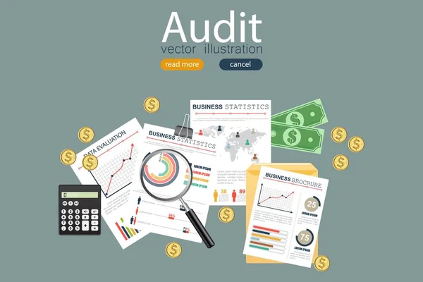 Platte Opzet Van Auditing Analyse Data Boekhouding Planning Management Onderzoek — Stockvector