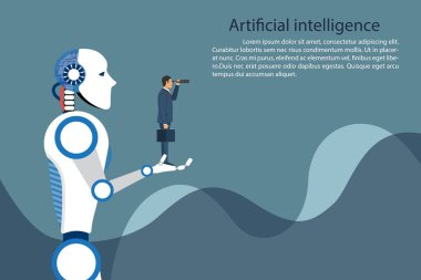 Yapay zeka robotu iş adamını elinde tutuyor. Geleceğin teknoloji sembolü, yenilik ve ilerleme. Düz tasarımda vektör illüstrasyonu.