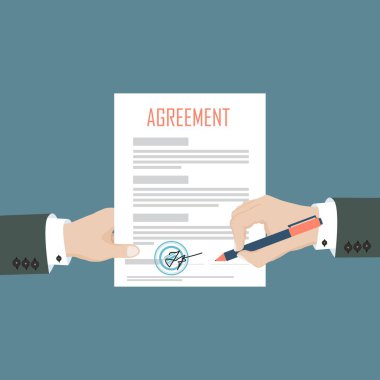 Mang kağıt döküman anlaşması yapıyor ve kağıt başka bir adamın elinde. Düz tasarımda vektör illüstrasyonu