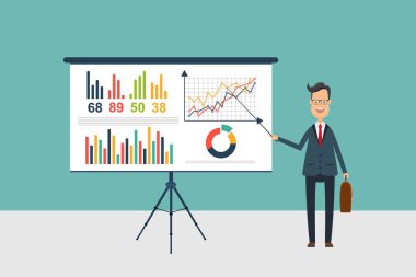 İş adamı sunum tahtasında sunum yapıyor. İş eğitimi.