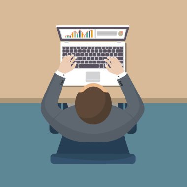 Masada çalışan bir iş adamı. Düz tasarımda vektör illüstrasyonu. Üst görünüm