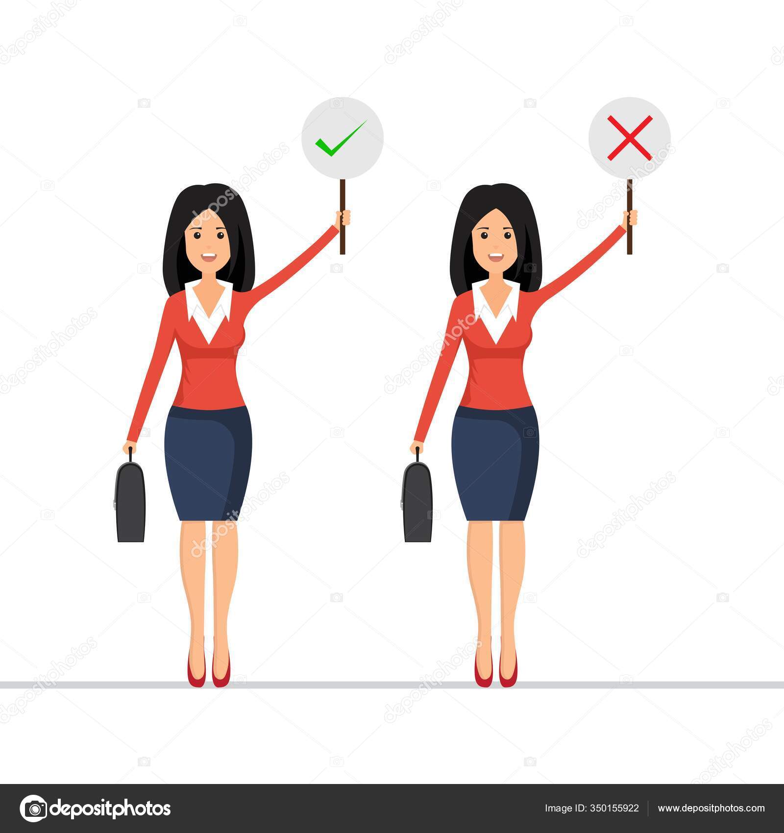 Mujer Negocios Sostiene Señal Correcta Incorrecta Ilustración Vectorial ...