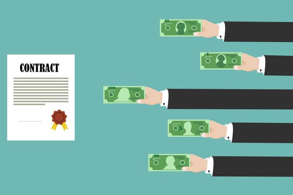 Man hands paying for contract. Corruption in business. Vector illustration in flat design