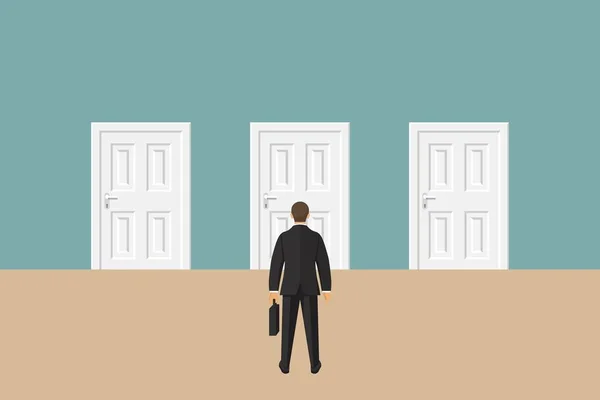 選択の方法の概念 ビジネスマン3つの閉じたドアの前に立っている 方向を決めなさい ビジネス上の決定 平型ベクトルイラスト — ストックベクタ