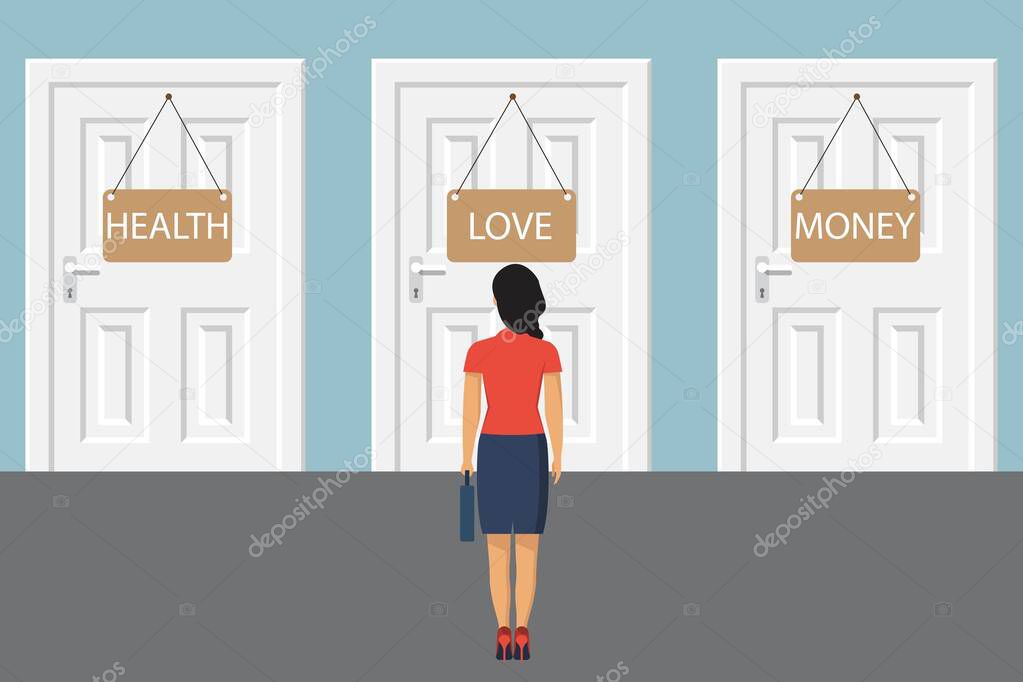 Choice way concept. Woman stading in front of two closed doors. Decide direction. Life decision. Vector illustration in flat style