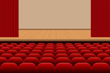 Kırmızı koltuklu tiyatro salonu, ahşap sahne ve kırmızı kadife perde vektör illüstrasyonu