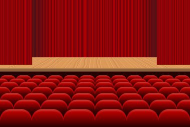 Kırmızı koltuklu tiyatro salonu, ahşap sahne ve kırmızı kadife perde vektör illüstrasyonu