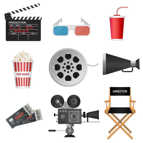 Cinema Icons Clapper Board Megaphone Movie Tickets Director Chair Soda — ストックベクタ