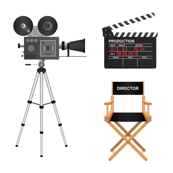 Retro cinema projector, clapper board and director chair vector illustration isolated on white background
