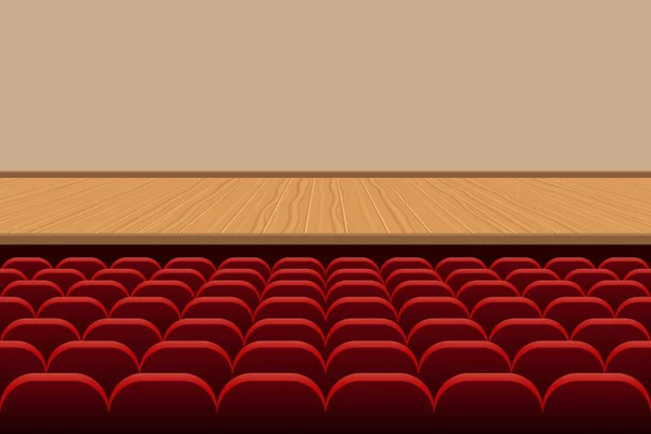 Театральный Зал Рядами Красных Сидений Деревянной Векторной Иллюстрацией Сцены — стоковый вектор