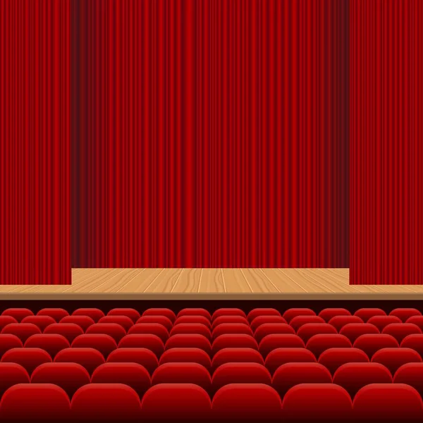 Theatre Hall Rows Red Seats Wooden Stage Red Velvet Curtain — Stock Vector