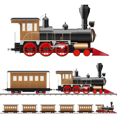 Antika buhar lokomotifi ve vagon vektör çizimi izole edildi