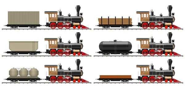 孤立的老式蒸汽机车和货车矢量图解 — 图库矢量图片