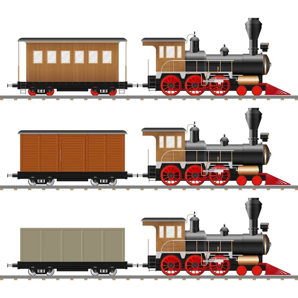 Locomotora Vapor Vintage Ilustración Vectores Vagones Aislados — Vector de stock