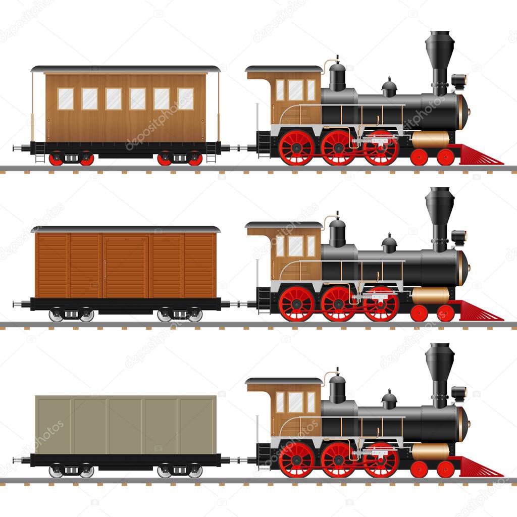 Vintage steam locomotive and wagon vector illustration isolated
