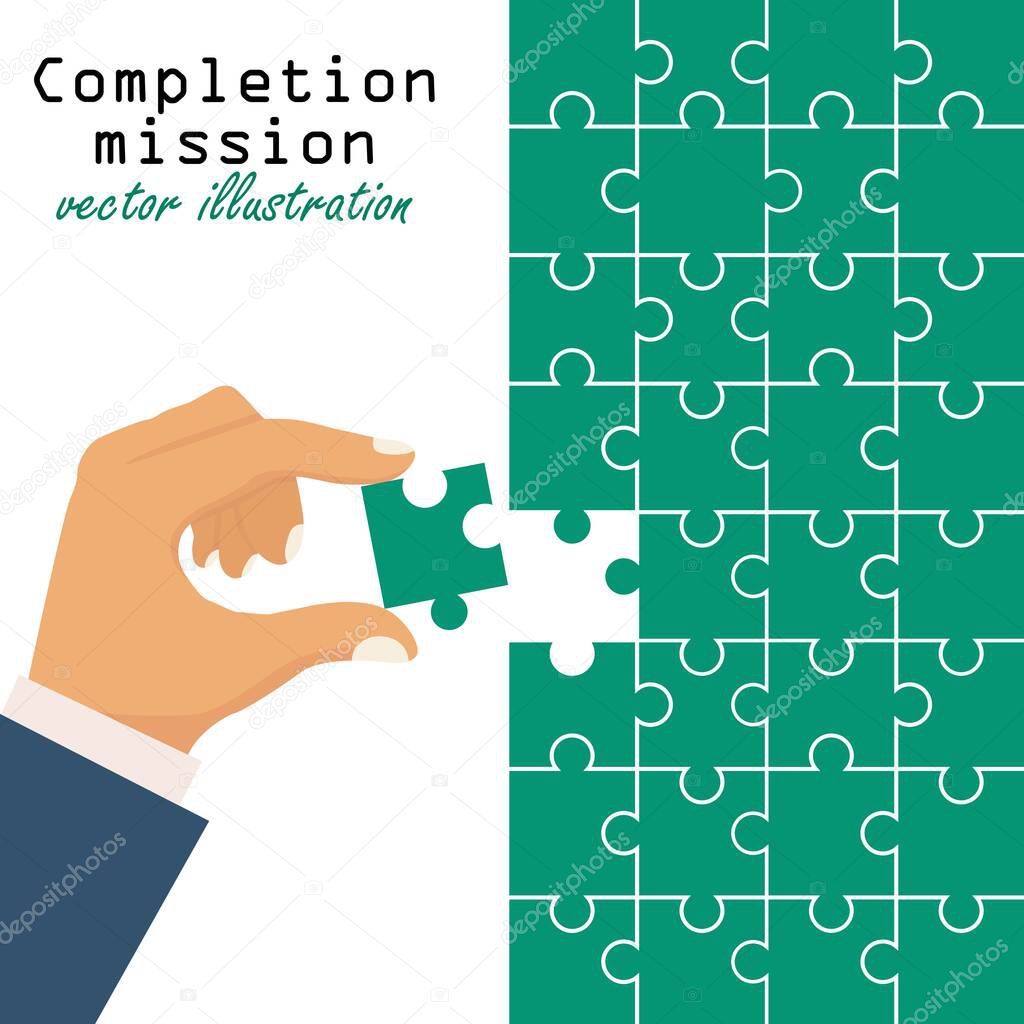 Completion mission concept. Businessman putting last puzzle in jigsaw.