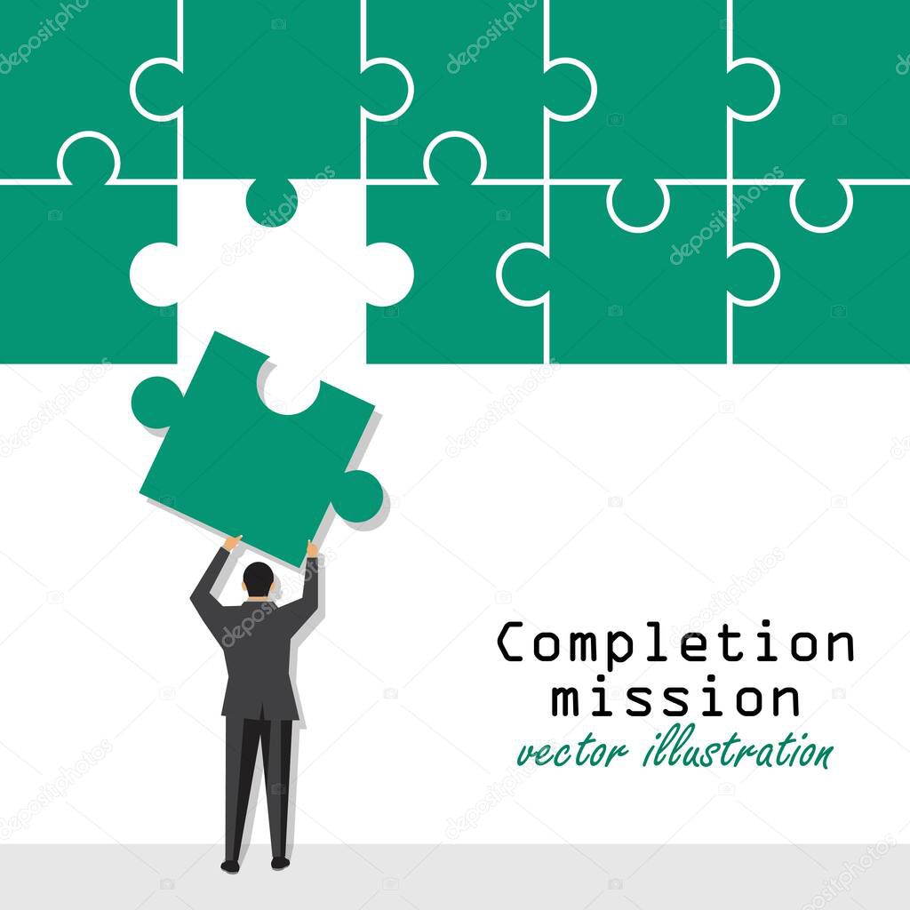 Completion mission concept. Businessman putting last puzzle in jigsaw. Successful implementation of plan. Vector illustration in flat design.