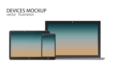 Monitör, tablet, laptop, akıllı telefon. Gerçekçi tasarımda vektör illüstrasyonu.