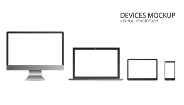 Monitör, tablet, laptop, akıllı telefon. Gerçekçi tasarımda vektör illüstrasyonu.