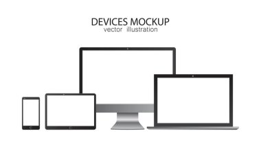 Monitör, tablet, laptop, akıllı telefon. Gerçekçi tasarımda vektör illüstrasyonu.