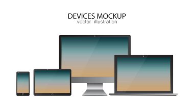 Monitör, tablet, laptop, akıllı telefon. Gerçekçi tasarımda vektör illüstrasyonu.