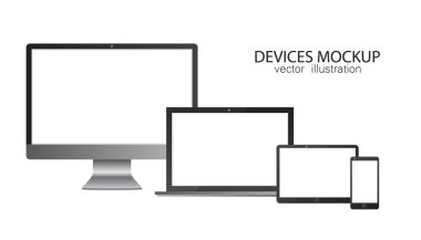Monitör, tablet, laptop, akıllı telefon. Gerçekçi tasarımda vektör illüstrasyonu.