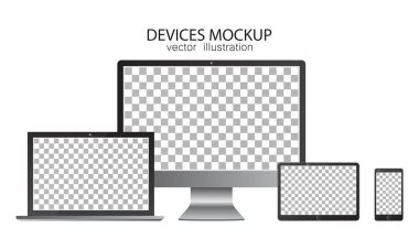 Monitör, tablet, laptop, akıllı telefon. Gerçekçi tasarımda vektör illüstrasyonu.