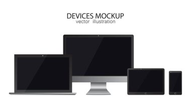 Monitör, tablet, laptop, akıllı telefon. Gerçekçi tasarımda vektör illüstrasyonu.