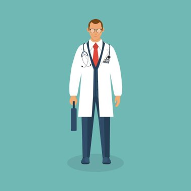 Düz dizayndaki doktor vektör çizimi mavi arkaplanda izole edildi