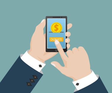 Çevrimiçi bağış kavramı. Altın para ve akıllı telefon ekranına bağışta bulunun. İnsan eli akıllı telefonu tutar. Düz tasarımda vektör illüstrasyonu