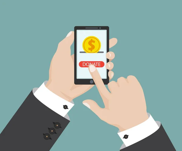 Donate Online Concept Gold Coin Donate Button Smartphone Screen Human — Stock Vector