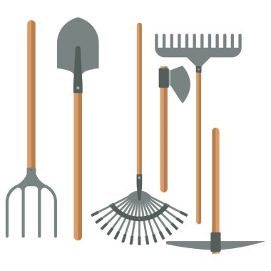 Düz tasarım vektör illüstrasyonunda bahçe araçları beyaz arkaplanda izole edildi