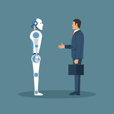 İş adamı robot elini sıkıyor. İşbirliği konsepti. Düz tasarımda vektör illüstrasyonu.