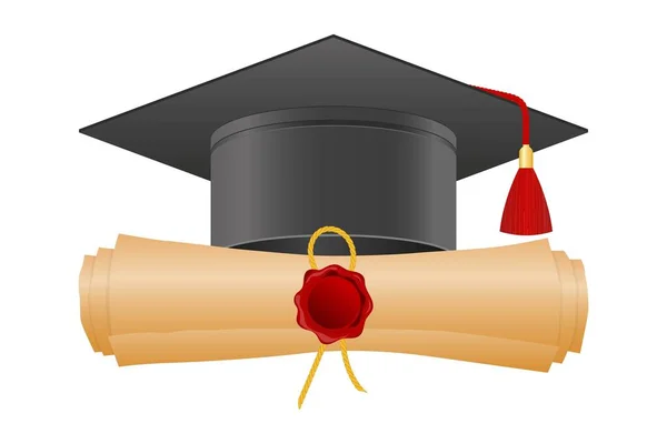 Mezuniyet şapkası ve diploma vektör çizimi beyaz arkaplanda izole edildi