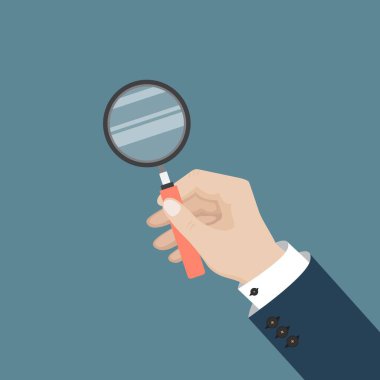 Erkek eli büyüteç tutuyor. Düz biçimli vektör illüstrasyonu